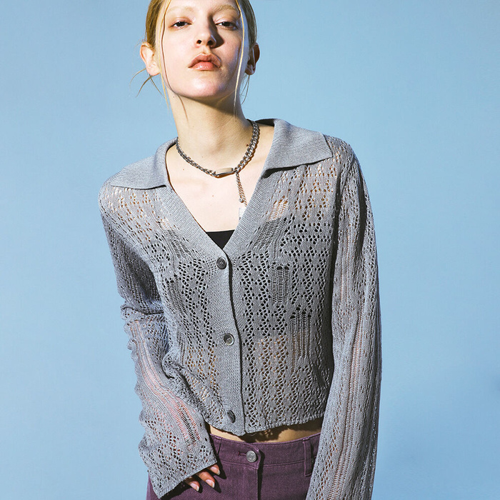 韓國PRENDA - PUNCHING NET KNIT CARDIGAN GRAY